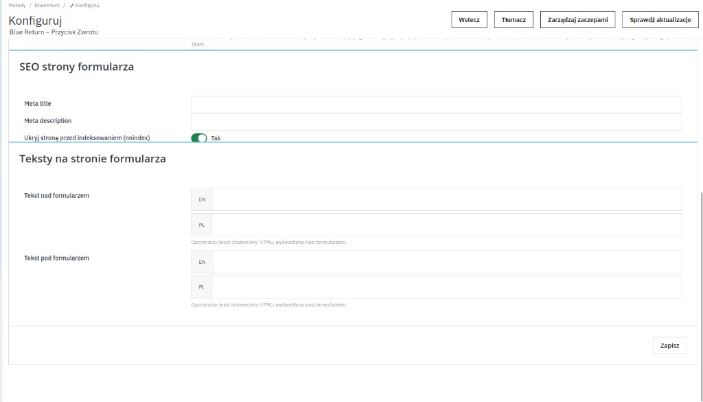 SEO strony formularza Blue Return